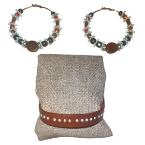Handmade Wood Beaded Hoop Earrings With Leather Band Bracelet